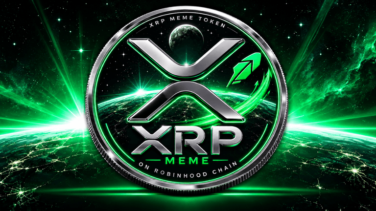 XRP Meme Token logo with a green cosmic background and digital elements