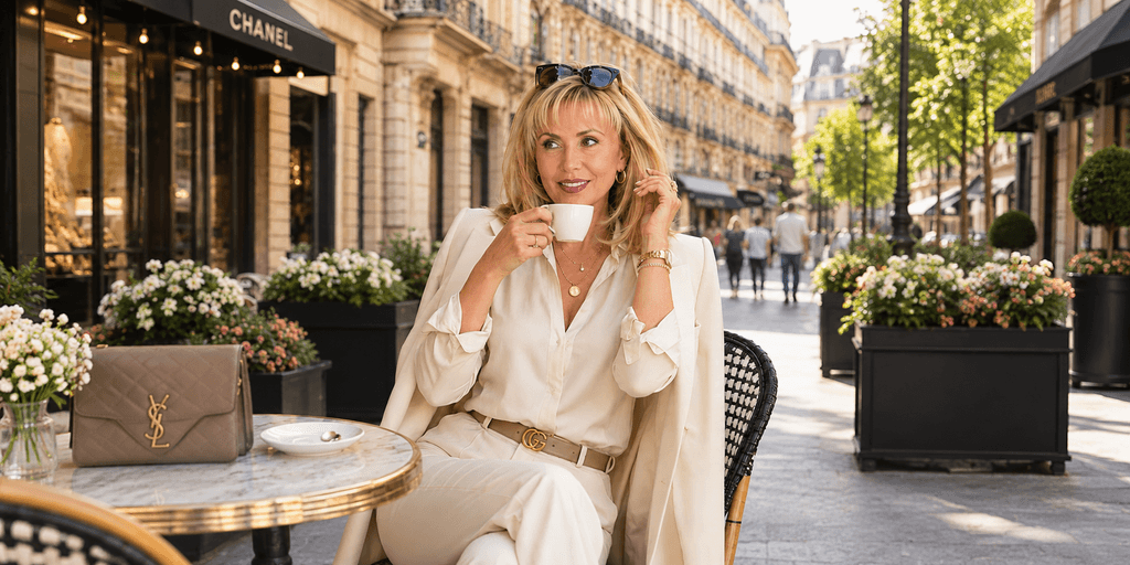 Woman sipping coffee at an outdoor café, wearing elegant attire in a chic setting