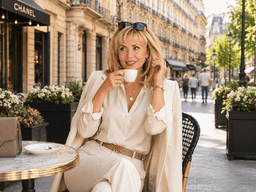 Woman sipping coffee at an outdoor café, wearing elegant attire in a chic setting