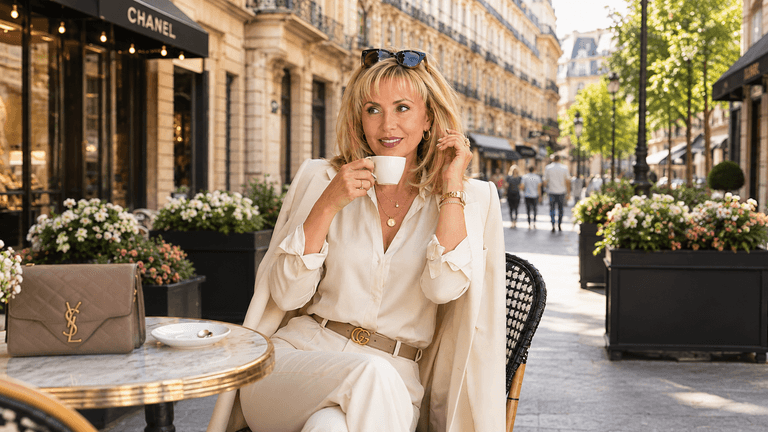 Woman sipping coffee at an outdoor café, wearing elegant attire in a chic setting