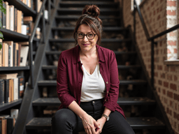 Woman sitting on stairs in a library with books and natural light