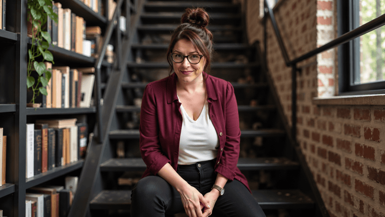 Woman sitting on stairs in a library with books and natural light
