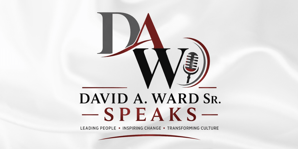 Logo for David A. Ward Sr. Speaks, featuring initials and microphone graphic on fabric background