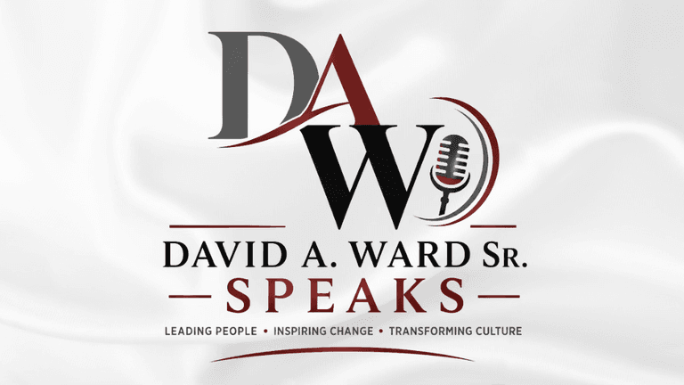 Logo for David A. Ward Sr. Speaks, featuring initials and microphone graphic on fabric background