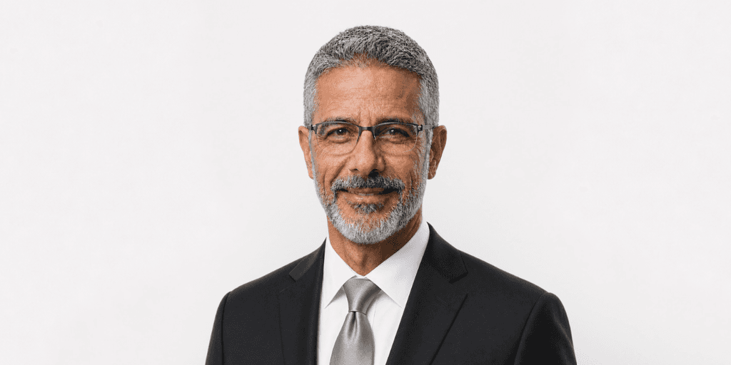 Man with gray hair and beard in a suit and glasses against a white background