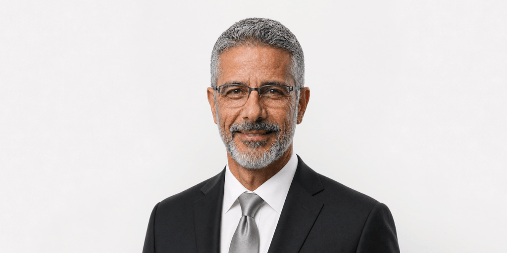Man with gray hair and beard in a suit and glasses against a white background