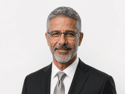 Man with gray hair and beard in a suit and glasses against a white background