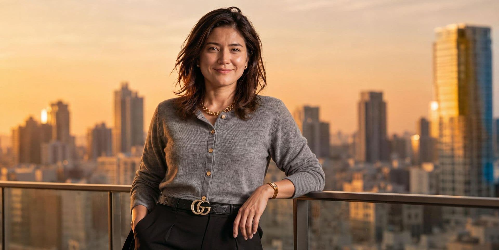 A woman in a gray cardigan poses confidently against a city skyline at sunset
