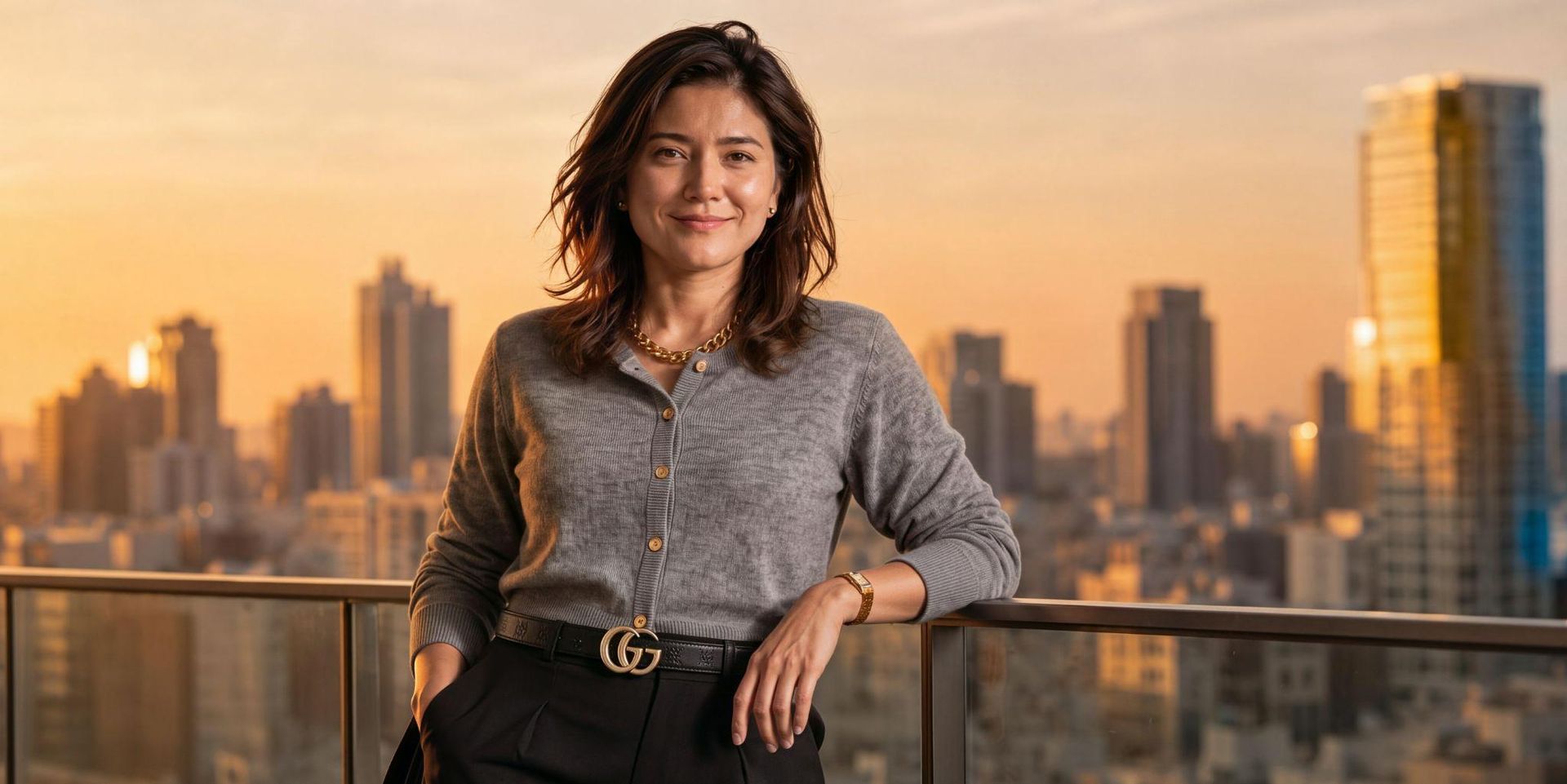 A woman in a gray cardigan poses confidently against a city skyline at sunset