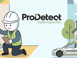 Cartoon of a mold inspector checking a wall with mold near a house and vehicle