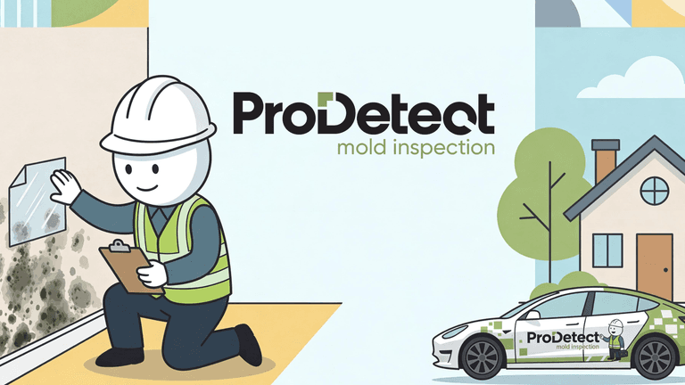 Cartoon of a mold inspector checking a wall with mold near a house and vehicle