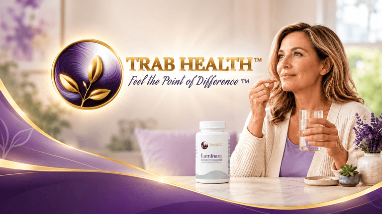 Woman enjoying a supplement and drink with a wellness product in the foreground