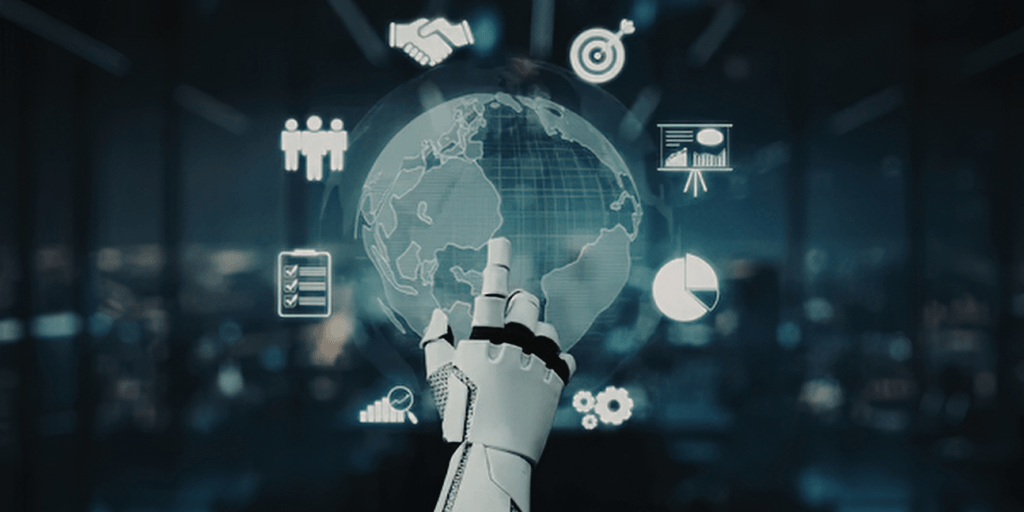 A robotic hand interacts with digital icons over a globe in a tech environment