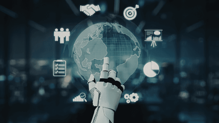 A robotic hand interacts with digital icons over a globe in a tech environment