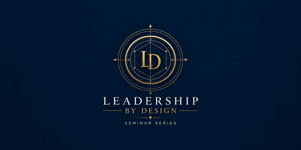 Logo for Leadership by Design seminar series featuring gold text and compass design