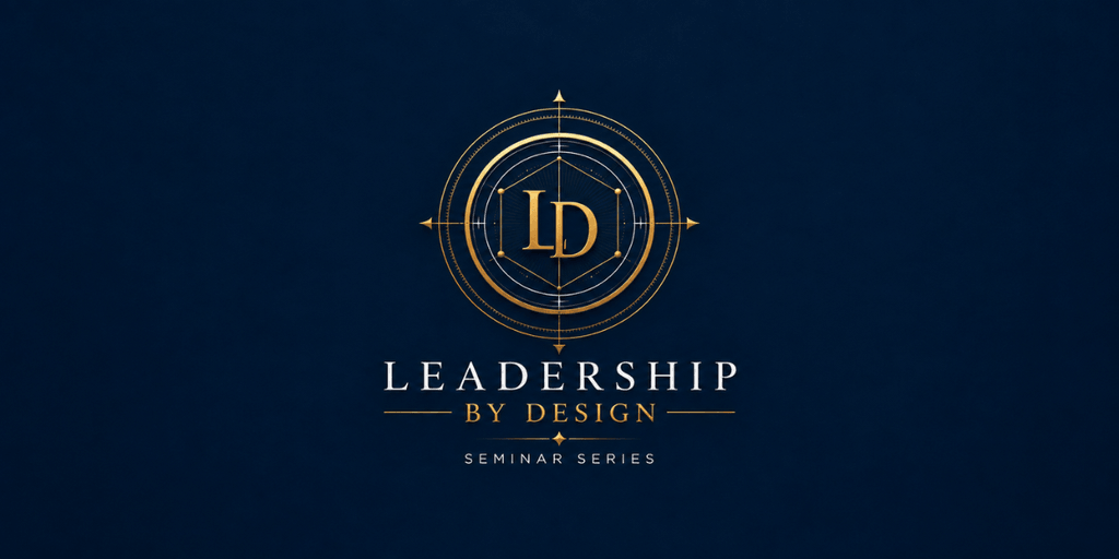 Logo for Leadership by Design seminar series featuring gold text and compass design