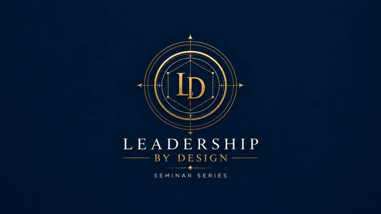 Logo for Leadership by Design seminar series featuring gold text and compass design