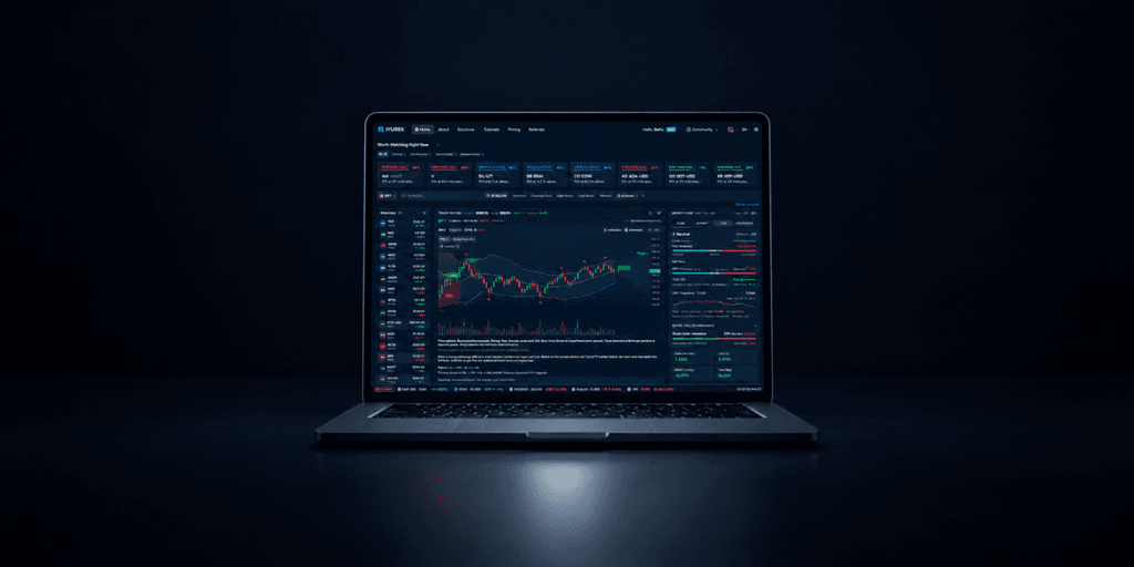 A laptop displaying a dark-themed trading platform with charts and market data