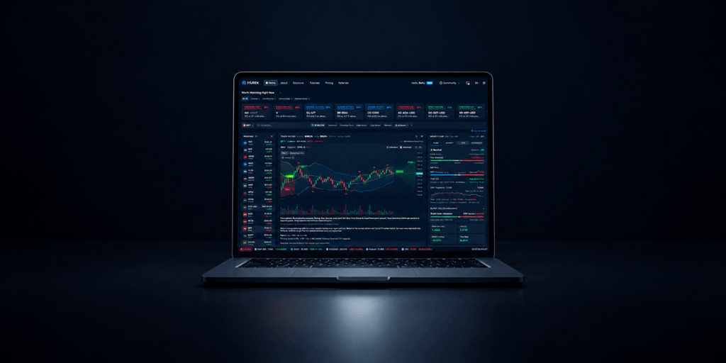 A laptop displaying a dark-themed trading platform with charts and market data