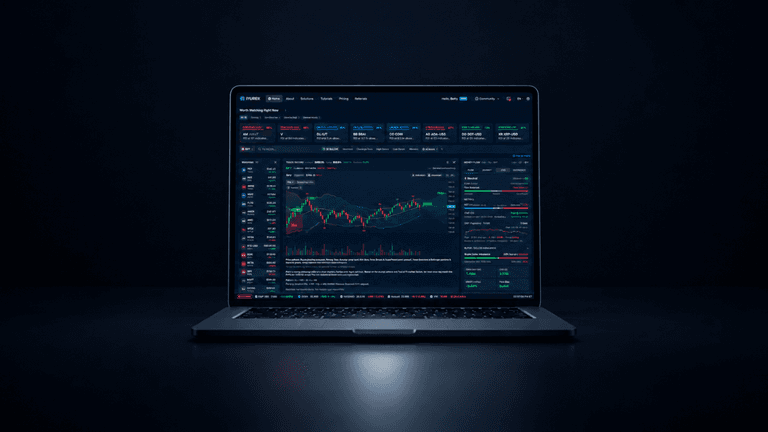 A laptop displaying a dark-themed trading platform with charts and market data