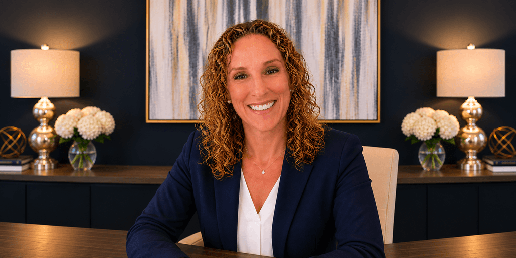 Smiling woman with curly hair in a professional setting, seated at a desk