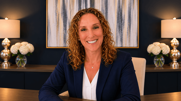 Smiling woman with curly hair in a professional setting, seated at a desk