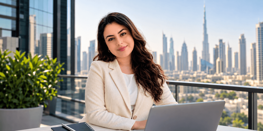 Young woman sitting at a laptop in a modern outdoor office with a city skyline backdrop