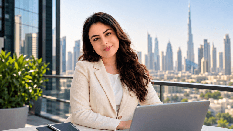 Young woman sitting at a laptop in a modern outdoor office with a city skyline backdrop