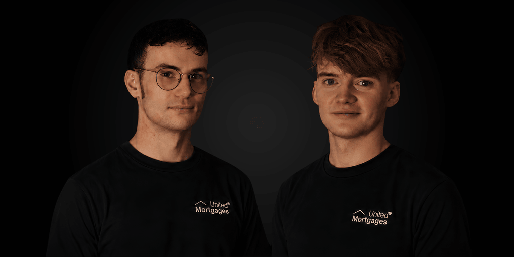 Two young men in black T-shirts with "United Mortgages" logo against a dark background
