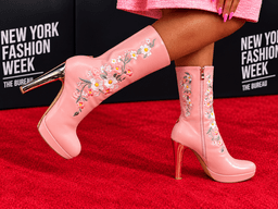 A close-up of pink floral-embroidered high-heeled boots on a red carpet backdrop