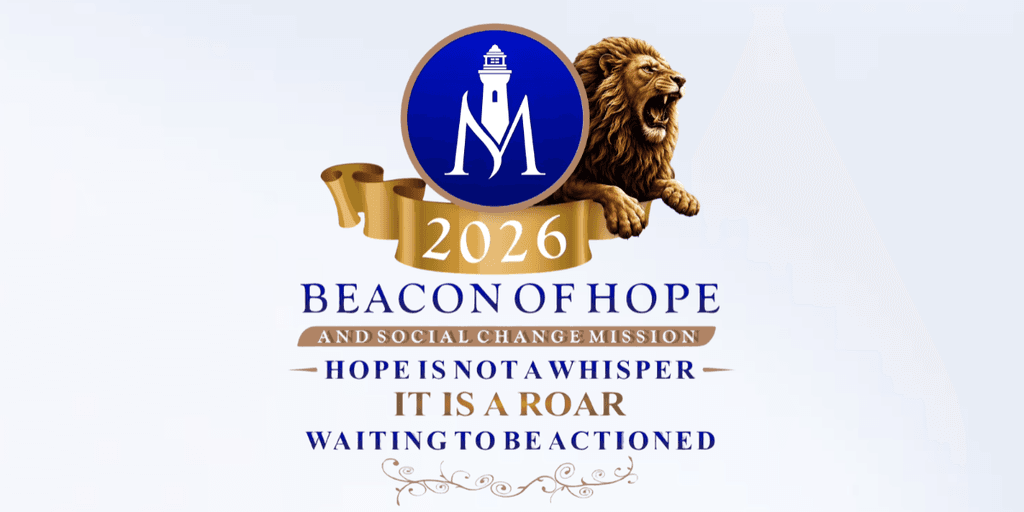 Logo featuring a lion, lighthouse, and text about hope and social change mission