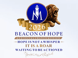 Logo featuring a lion, lighthouse, and text about hope and social change mission