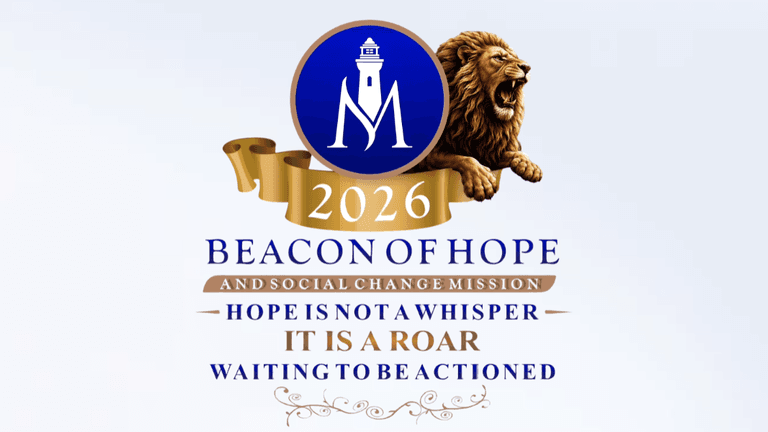 Logo featuring a lion, lighthouse, and text about hope and social change mission