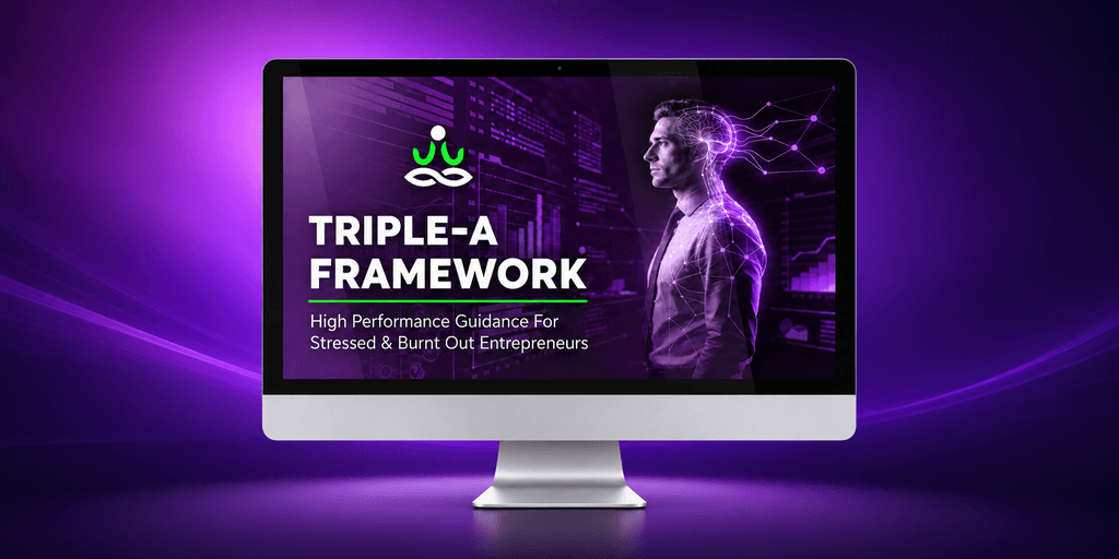 Computer screen displaying "Triple-A Framework" for stressed entrepreneurs against a purple background