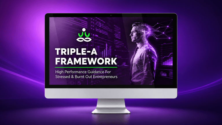 Computer screen displaying "Triple-A Framework" for stressed entrepreneurs against a purple background