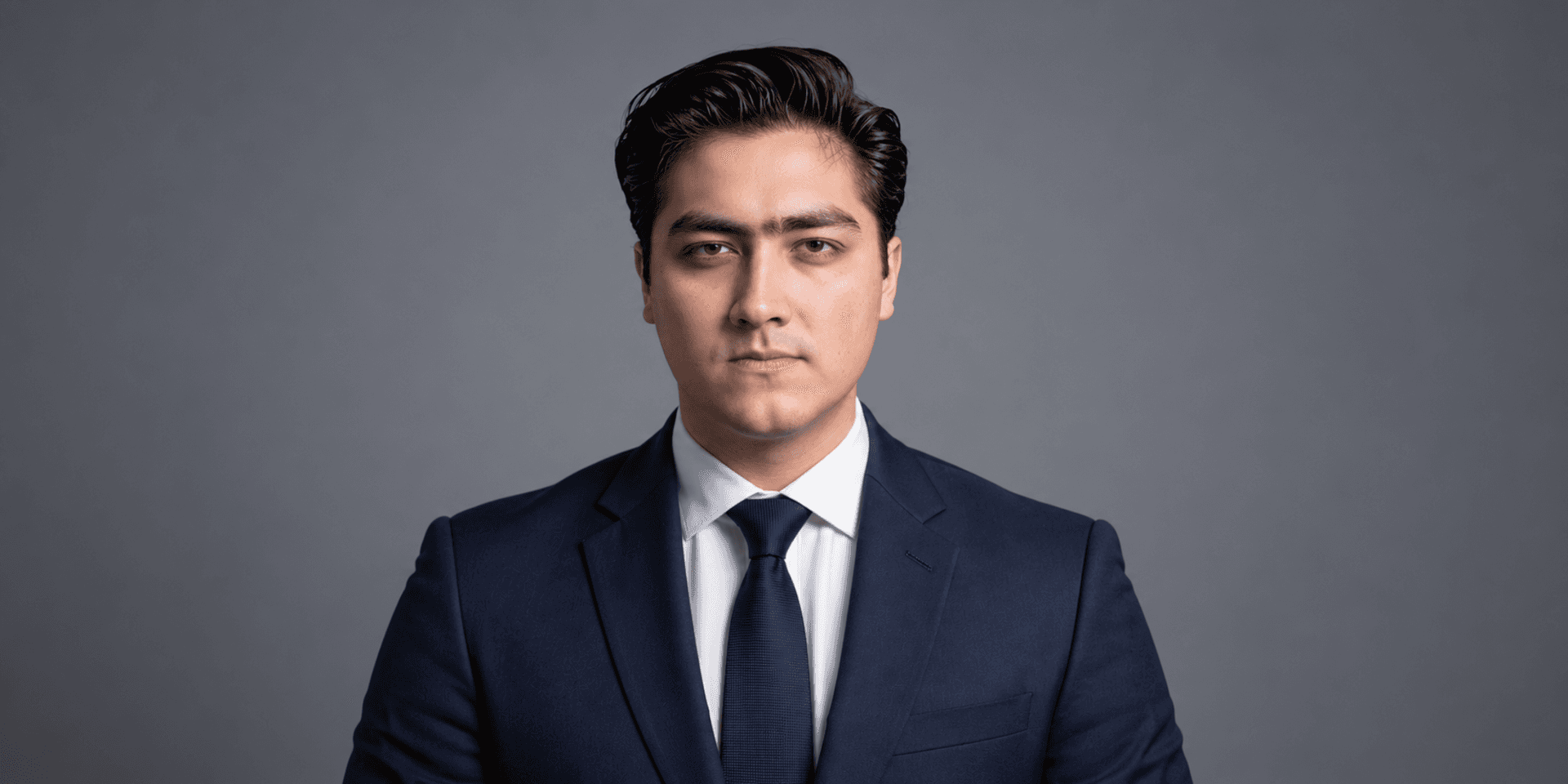 A serious young man in a navy suit and tie against a gray background