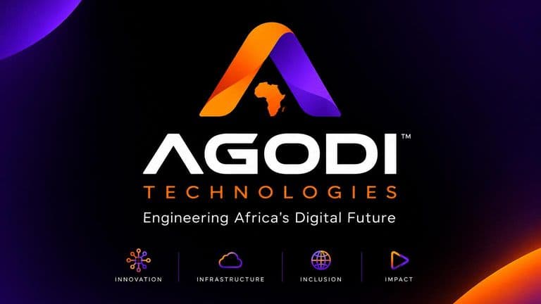 Logo of Agodi Technologies with the tagline "Engineering Africa's Digital Future" and vibrant background