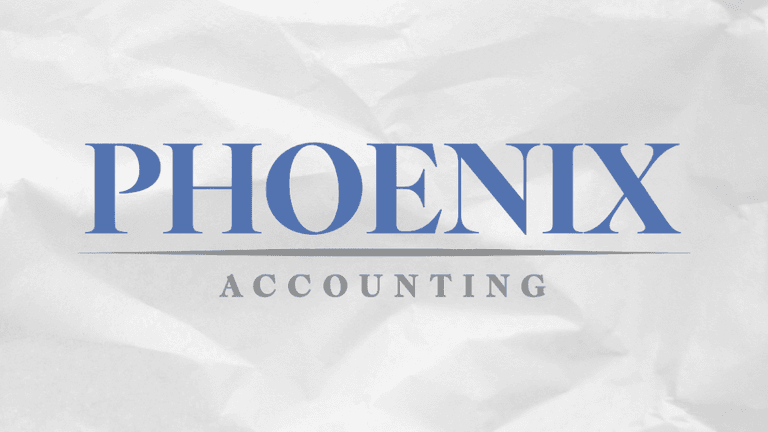 Logo for Phoenix Accounting featuring blue and gray text on a textured background