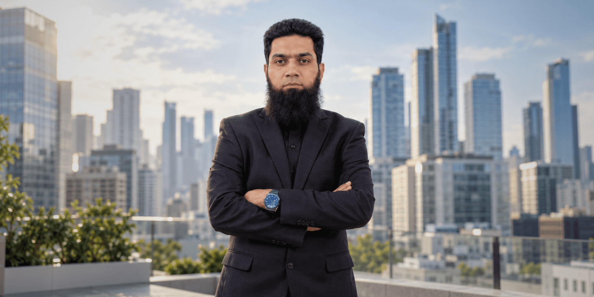 Man in black suit stands confidently on rooftop with city skyline in background
