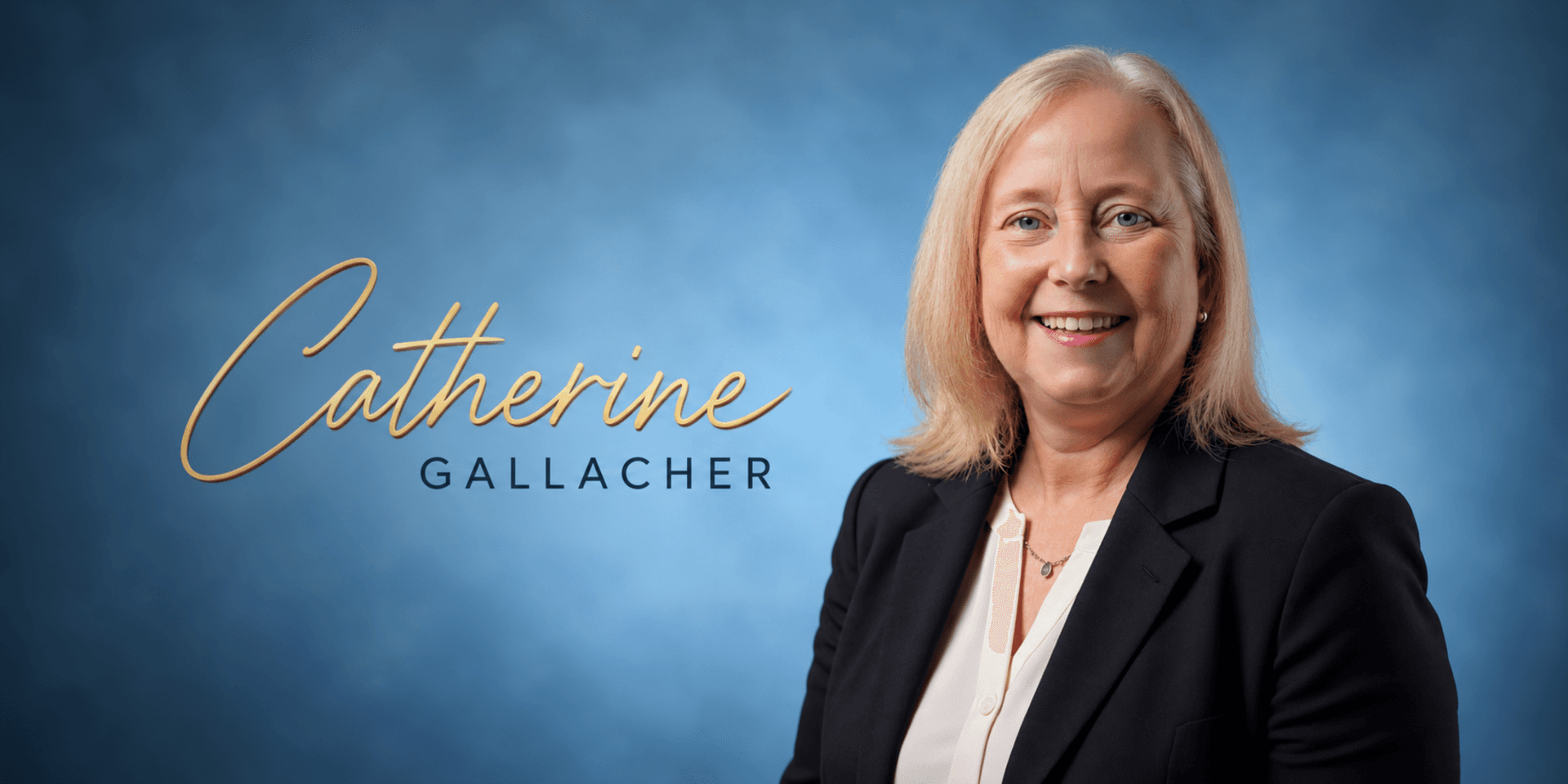 Smiling woman in a blazer with a blue background and her name displayed.