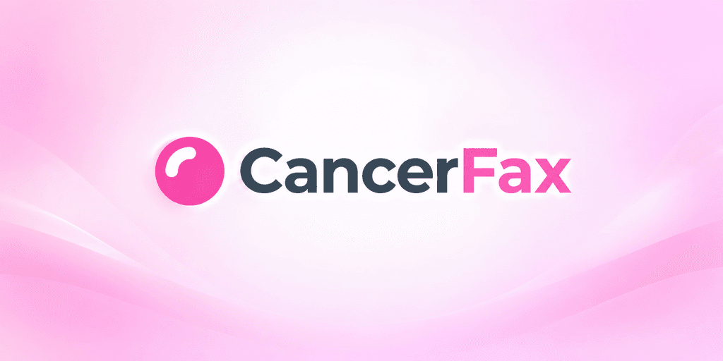 Logo of CancerFax on a soft pink background with flowing design elements