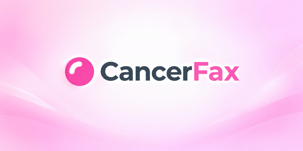 Logo of CancerFax on a soft pink background with flowing design elements