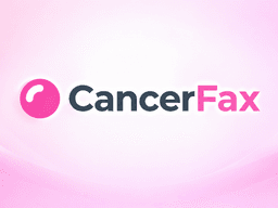 Logo of CancerFax on a soft pink background with flowing design elements