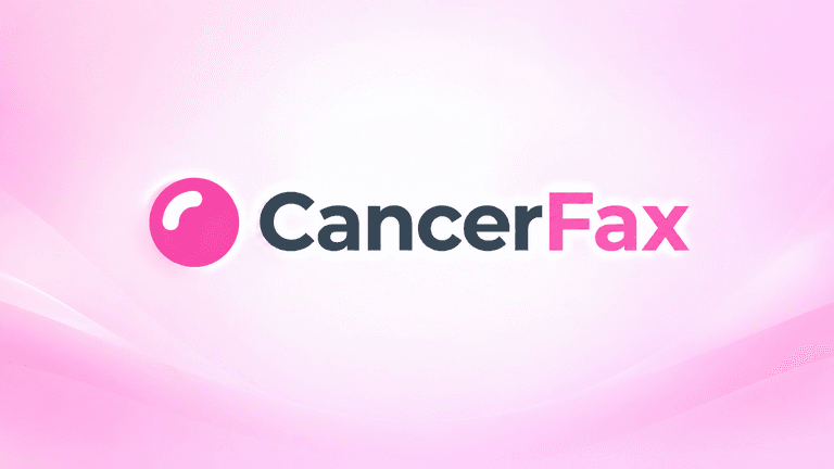 Logo of CancerFax on a soft pink background with flowing design elements