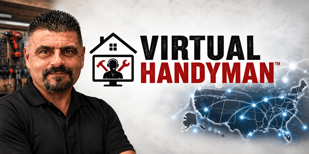 Man posing beside a logo for Virtual Handyman, featuring home and tech graphics