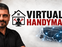 Man posing beside a logo for Virtual Handyman, featuring home and tech graphics