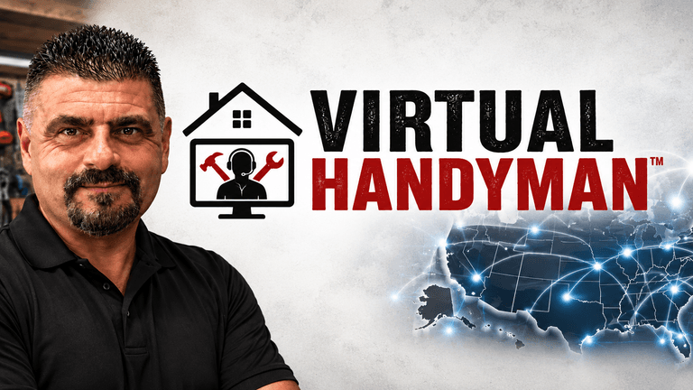 Man posing beside a logo for Virtual Handyman, featuring home and tech graphics