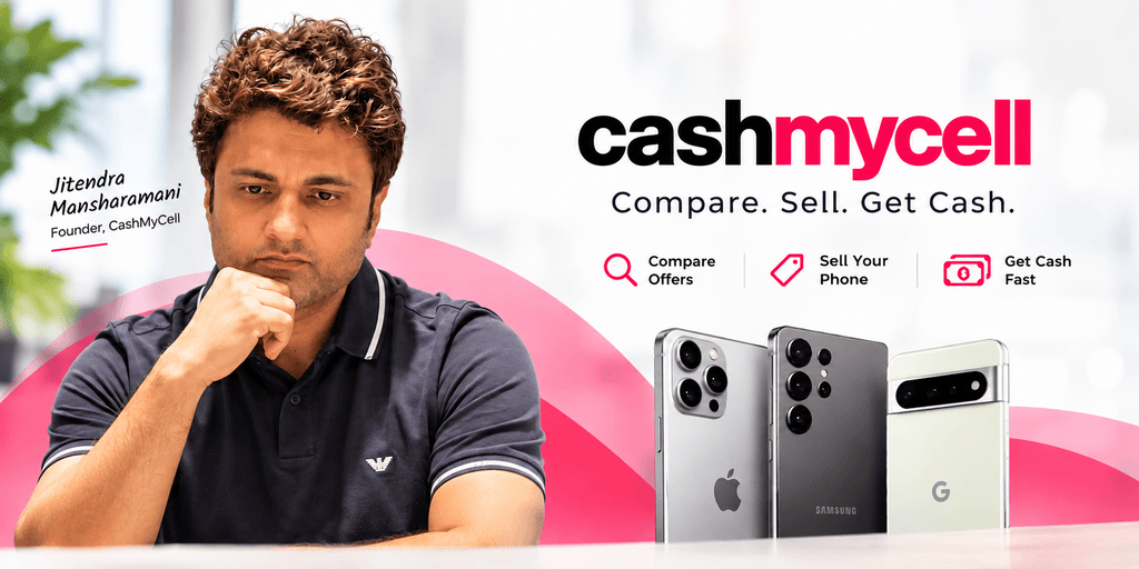 Man sitting thoughtfully beside smartphones, promoting CashMyCell for selling devices.