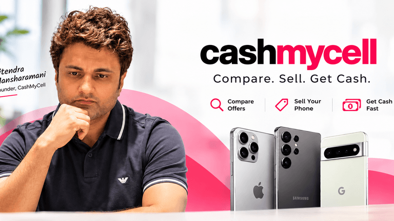 Man sitting thoughtfully beside smartphones, promoting CashMyCell for selling devices.