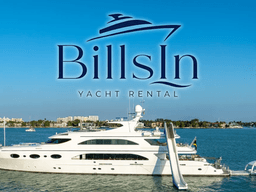 Luxury yacht on water with "BillsIn Yacht Rental" logo displayed above